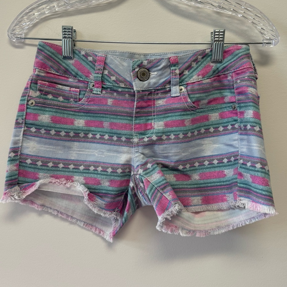 American‎ Eagle Stretch Pastel Southwest Aztec Tribal Raw Edge 5 Pocket Shorts 0